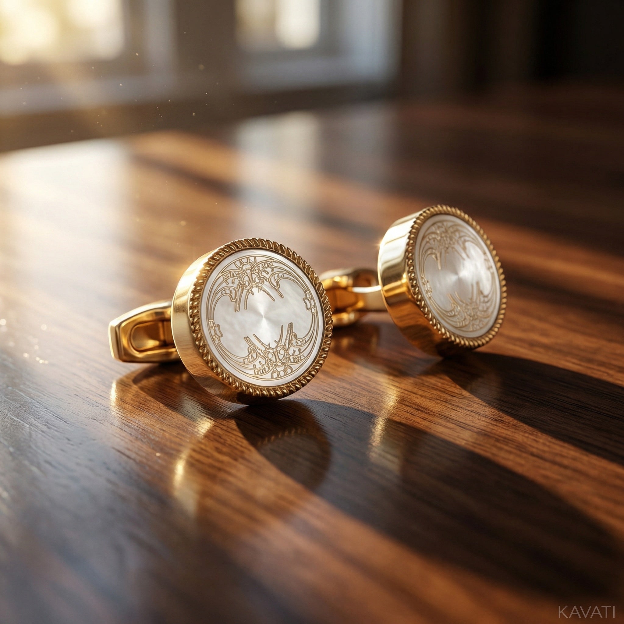 Gold plated round cufflinks with white enamel and vintage engraved detailing