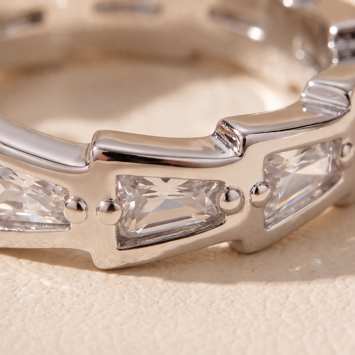 Baguette Line silver tone ear cuff, side view of the open adjustable band