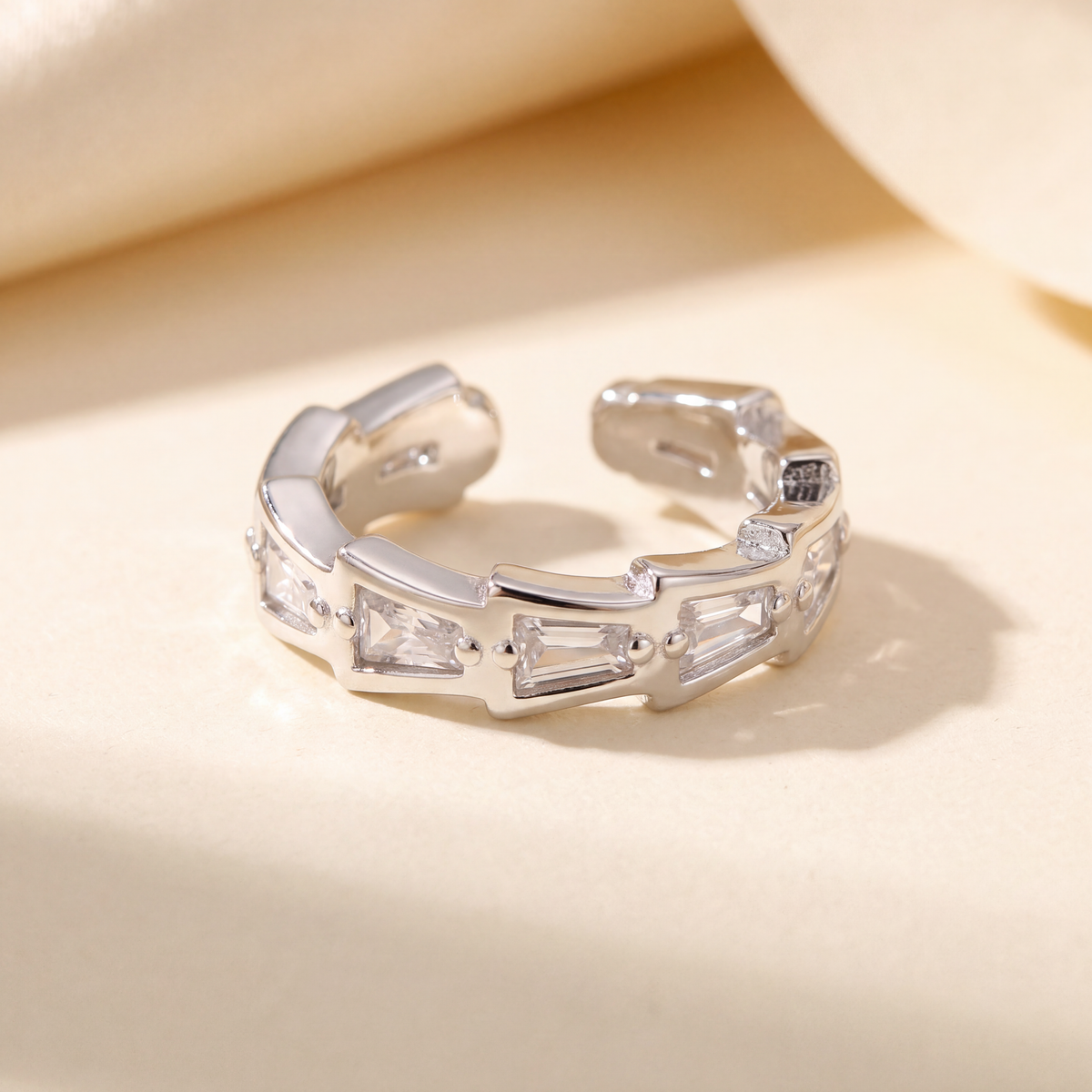 Baguette Line Ear Cuff, silver tone, close view of the baguette-cut stones