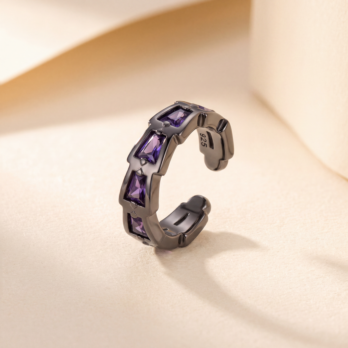 Baguette Line Ear Cuff in blackened sterling silver with a line of baguette-cut cubic zirconia, no piercing needed - Kavati