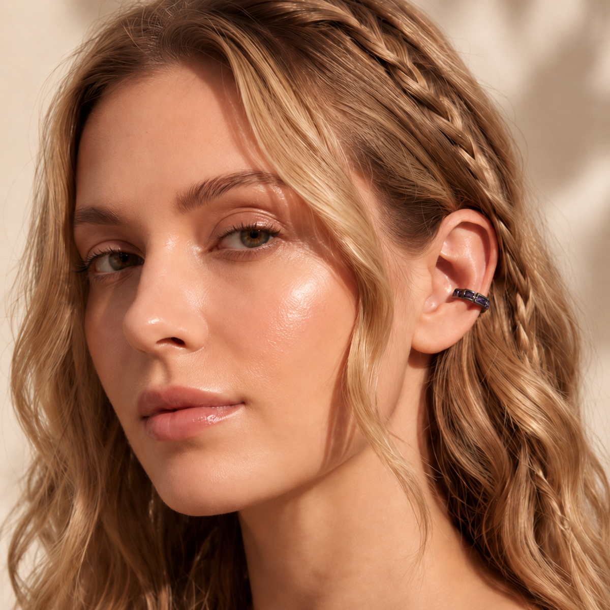 Baguette Line Ear Cuff, black tone, close view of the baguette-cut stones
