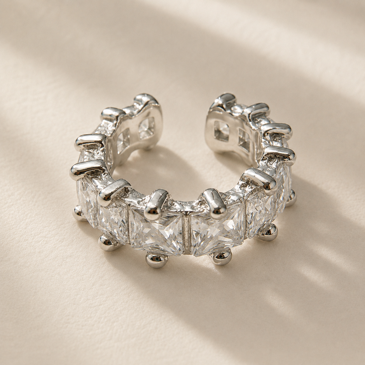 Candy Cube Ear Cuff, clear cubic zirconia, close view of the cube stones