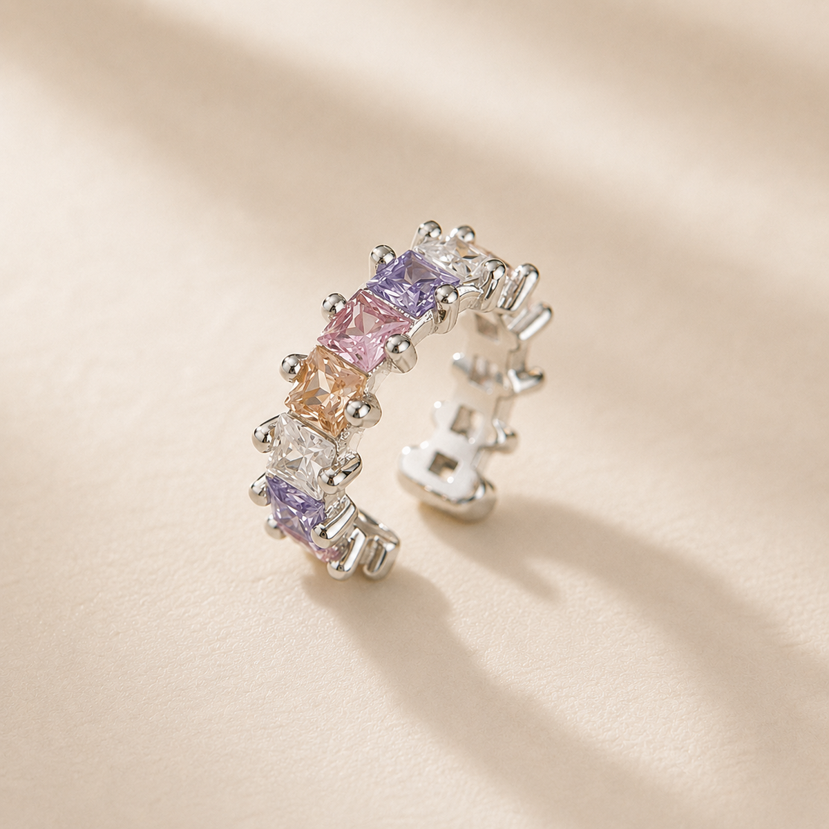 Candy Cube Ear Cuff, multicoloured cubic zirconia, close view of the cube stones