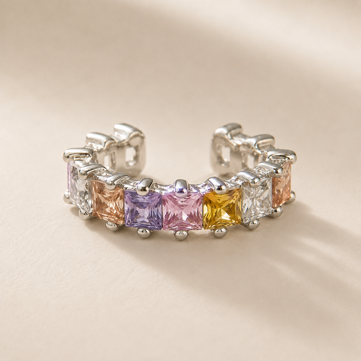 Candy Cube multicoloured ear cuff, side view of the open adjustable band