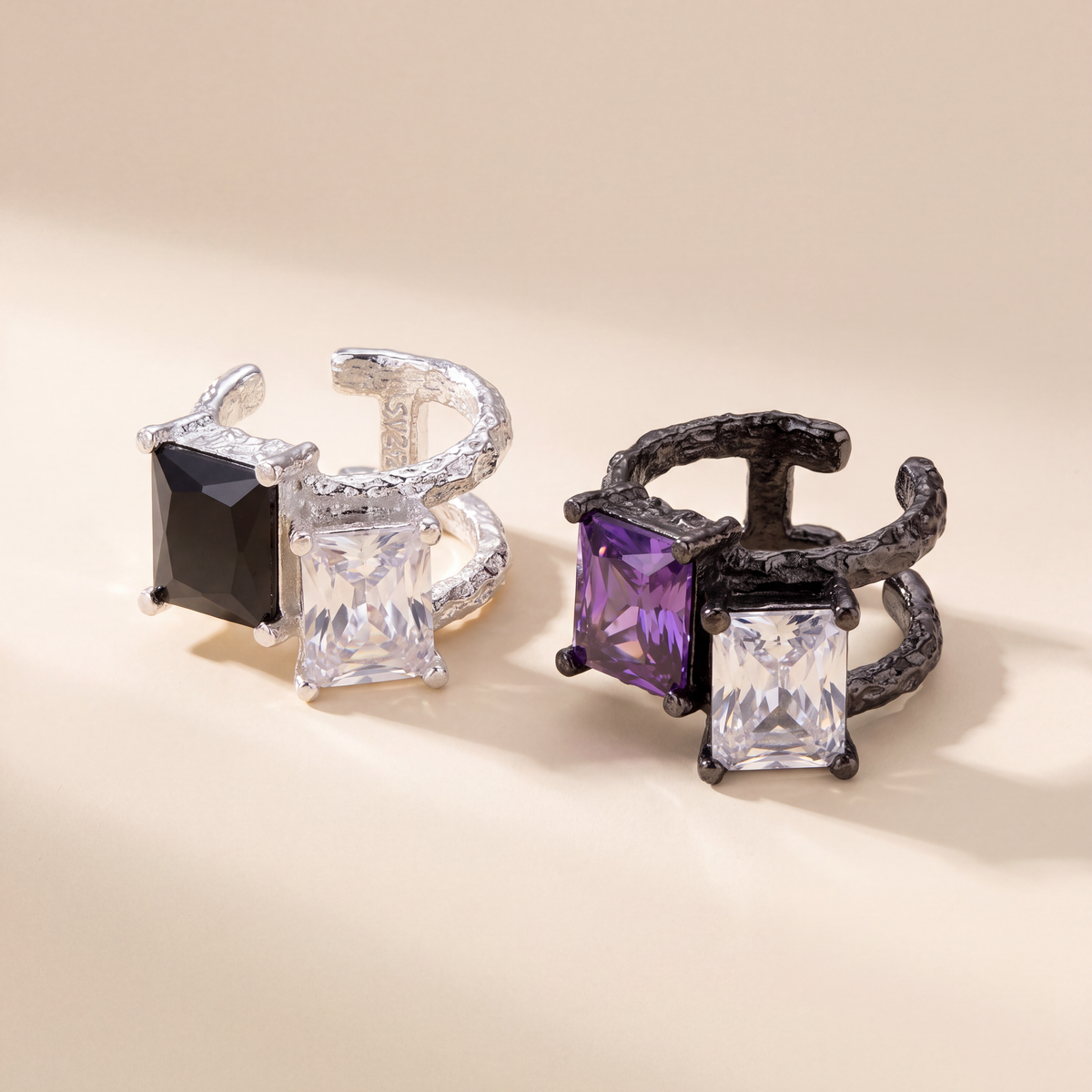 Molten Frame Ear Cuff in blackened sterling silver with one clear and one purple cubic zirconia, no piercing needed - Kavati