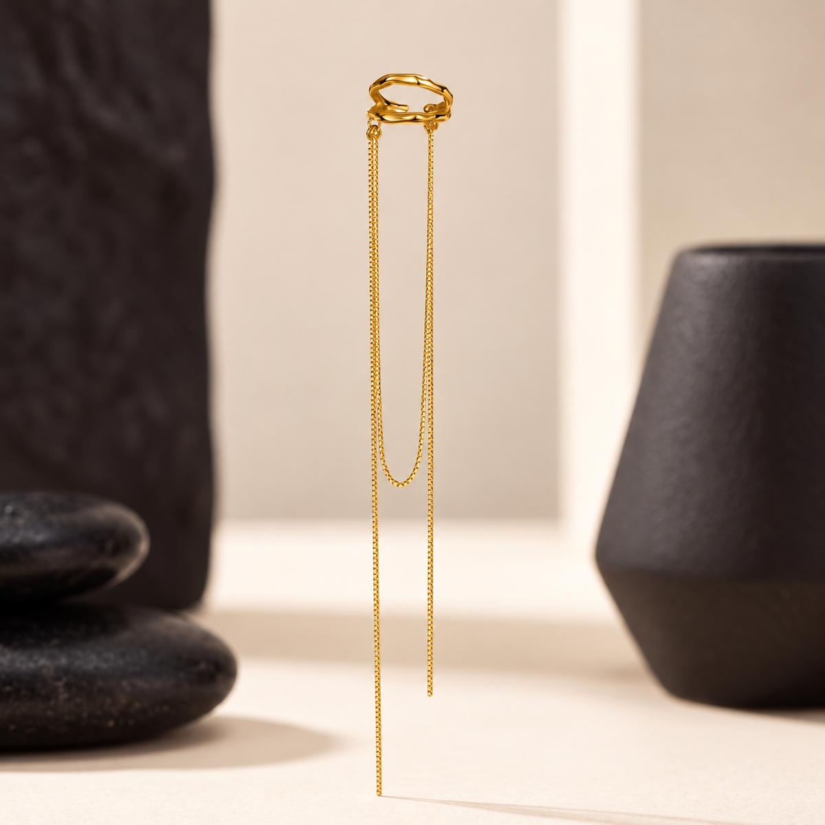 Golden Rain Ear Cuff hero shot, 18K gold plated 925 sterling silver double hoop with two box chain tassels, no piercing needed - Kavati