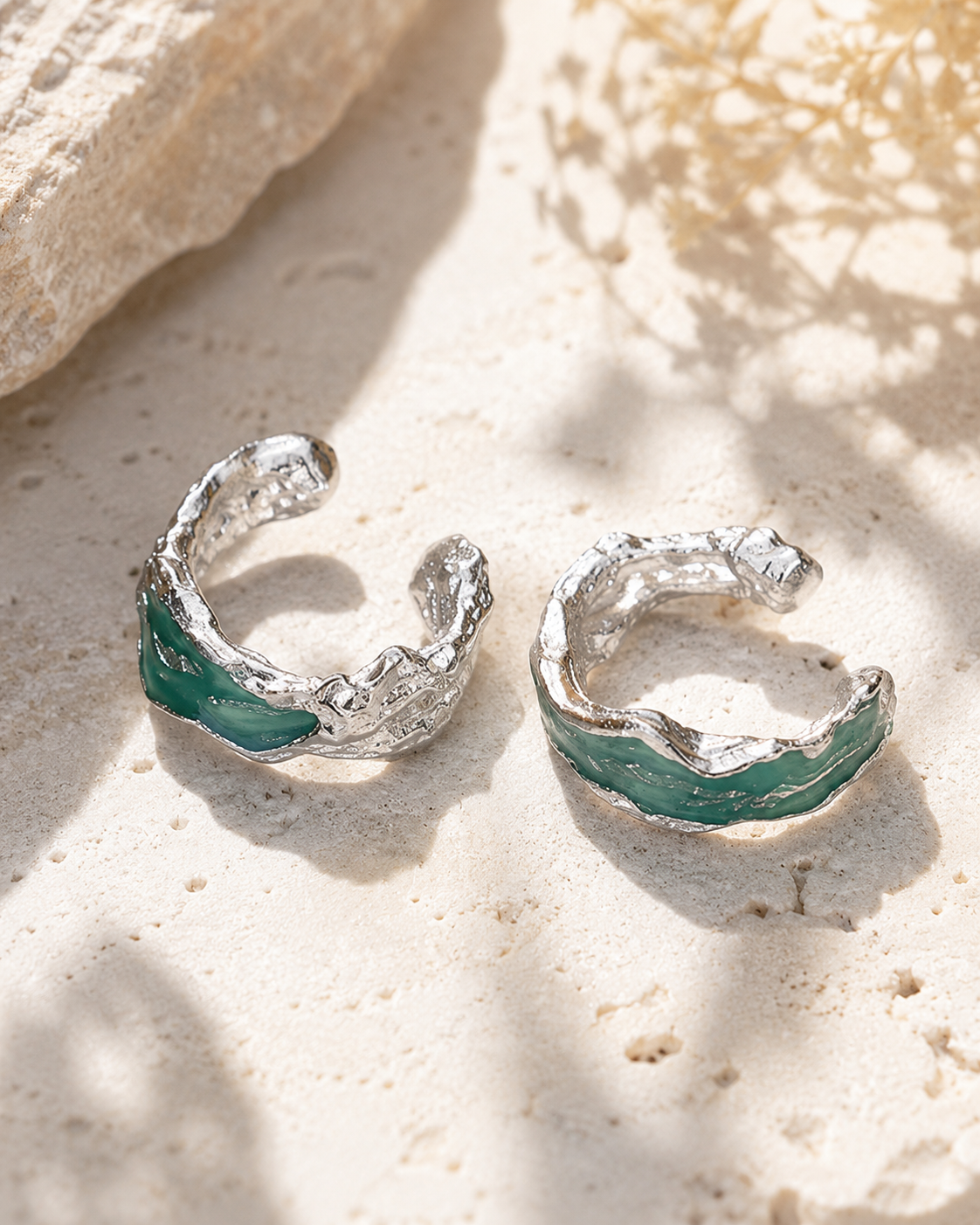 Green Enamel Sterling Silver Ear Cuff (Rhodium Plated Single Piece)