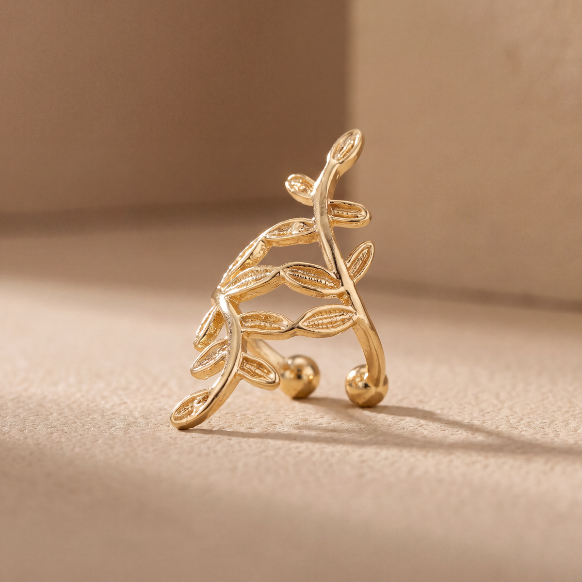 Laurel Vine Ear Cuff, two sprigs of ribbed laurel leaves in 18K gold plated 925 sterling silver, no piercing needed - Kavati
