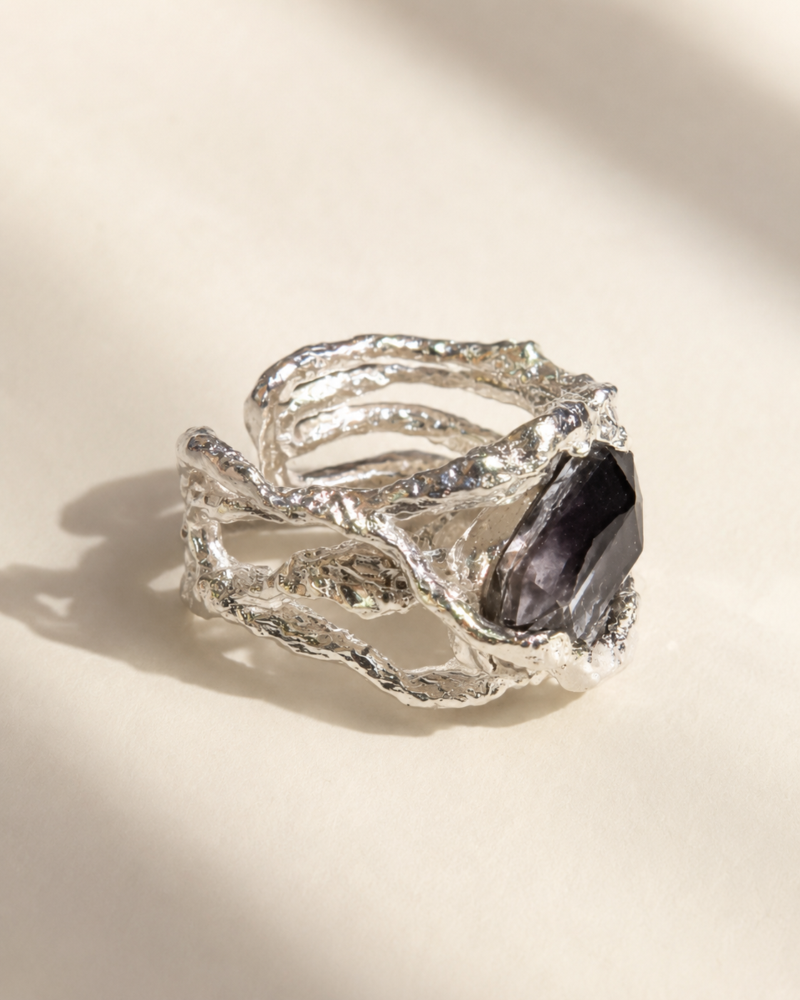 Dark Violet CZ Ear Cuff in 925 Sterling Silver with Sculptural Molten Texture