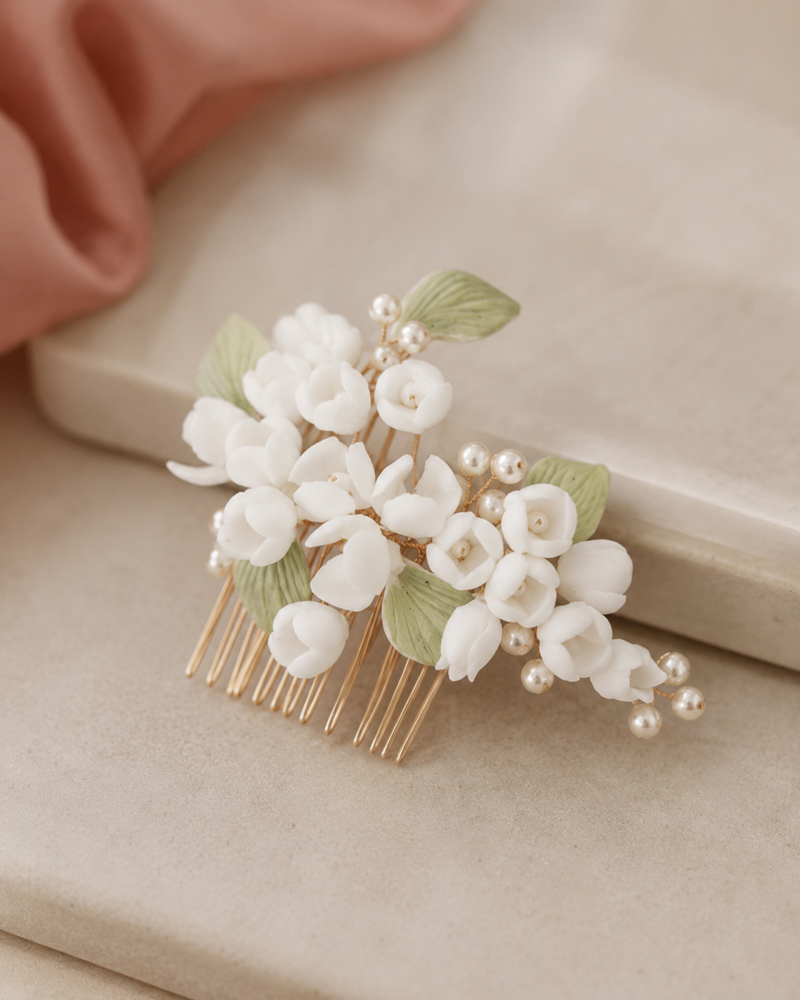 Ceramic Flower Bridal Hair Comb, White with Pearls
