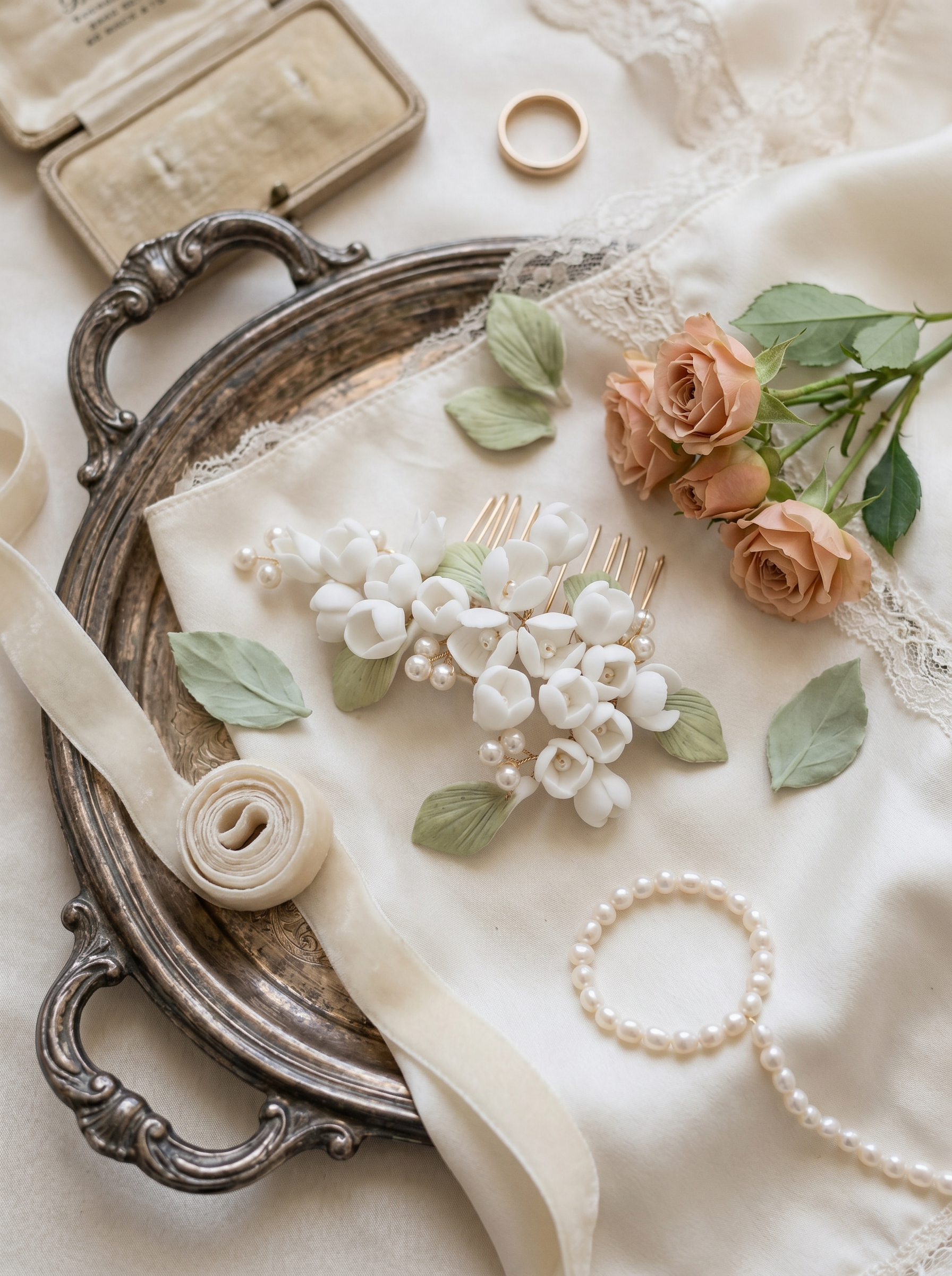 Ceramic Flower Bridal Hair Comb, White with Pearls