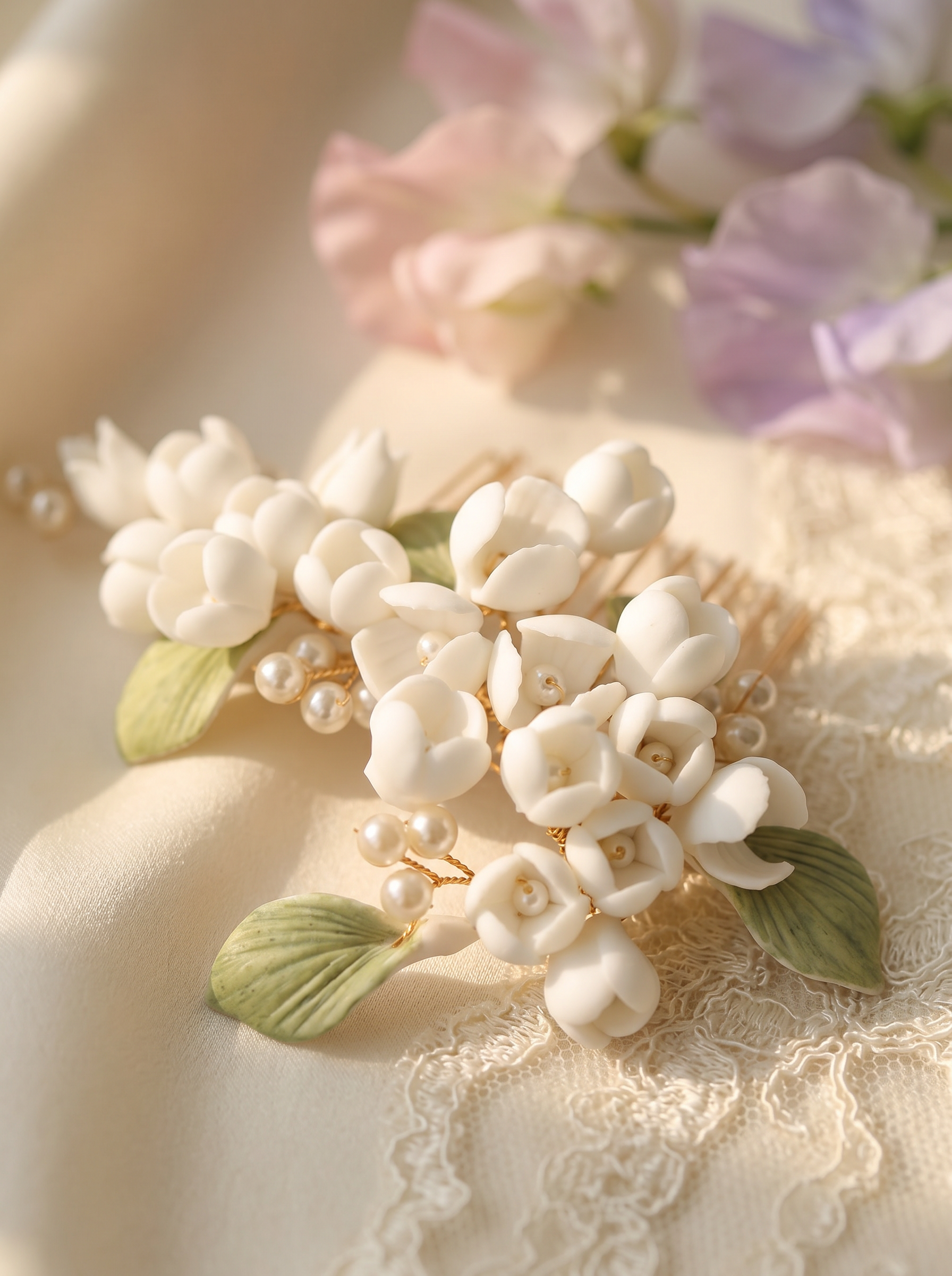 Ceramic Flower Bridal Hair Comb, White with Pearls