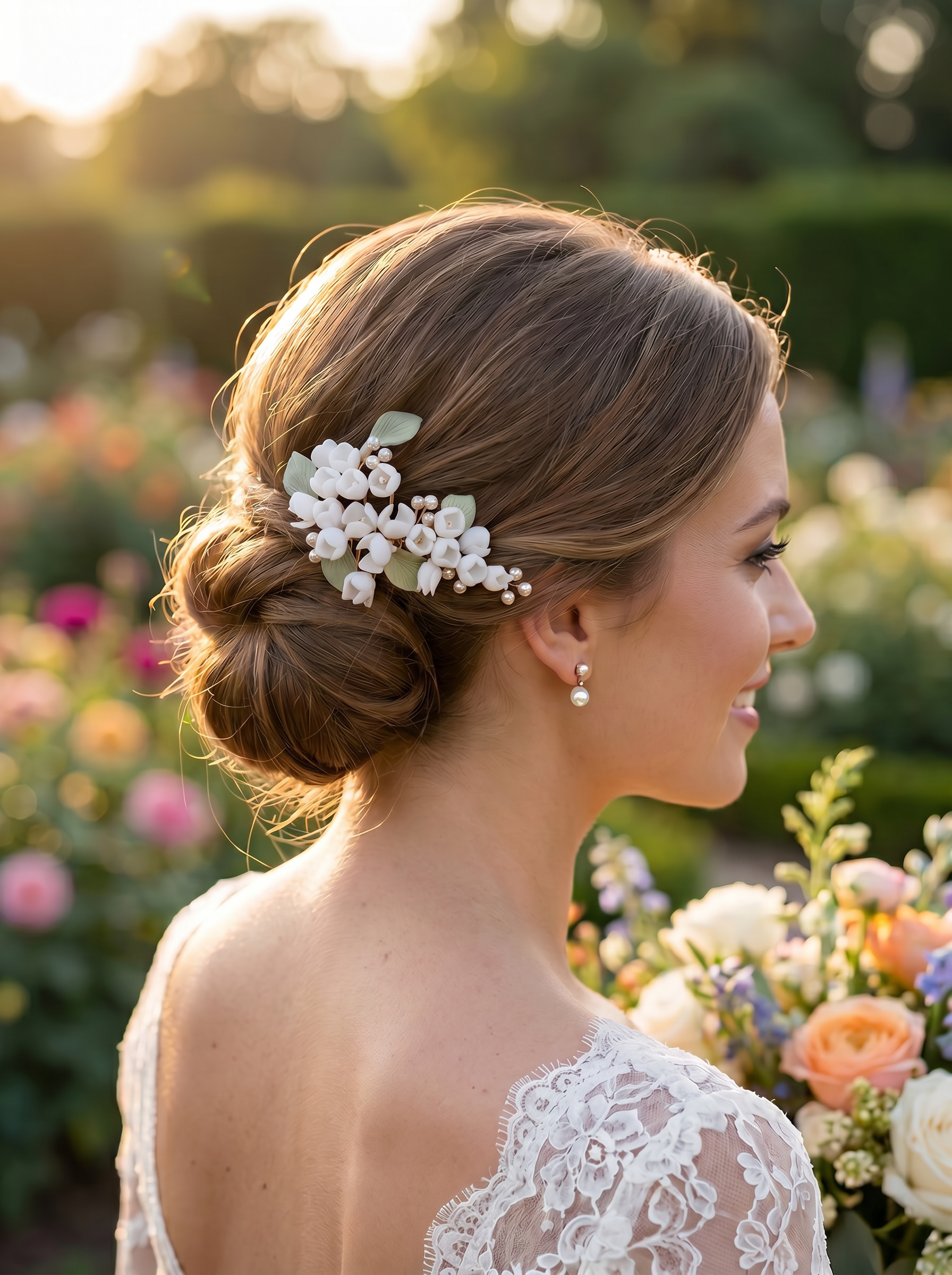 Ceramic Flower Bridal Hair Comb, White with Pearls