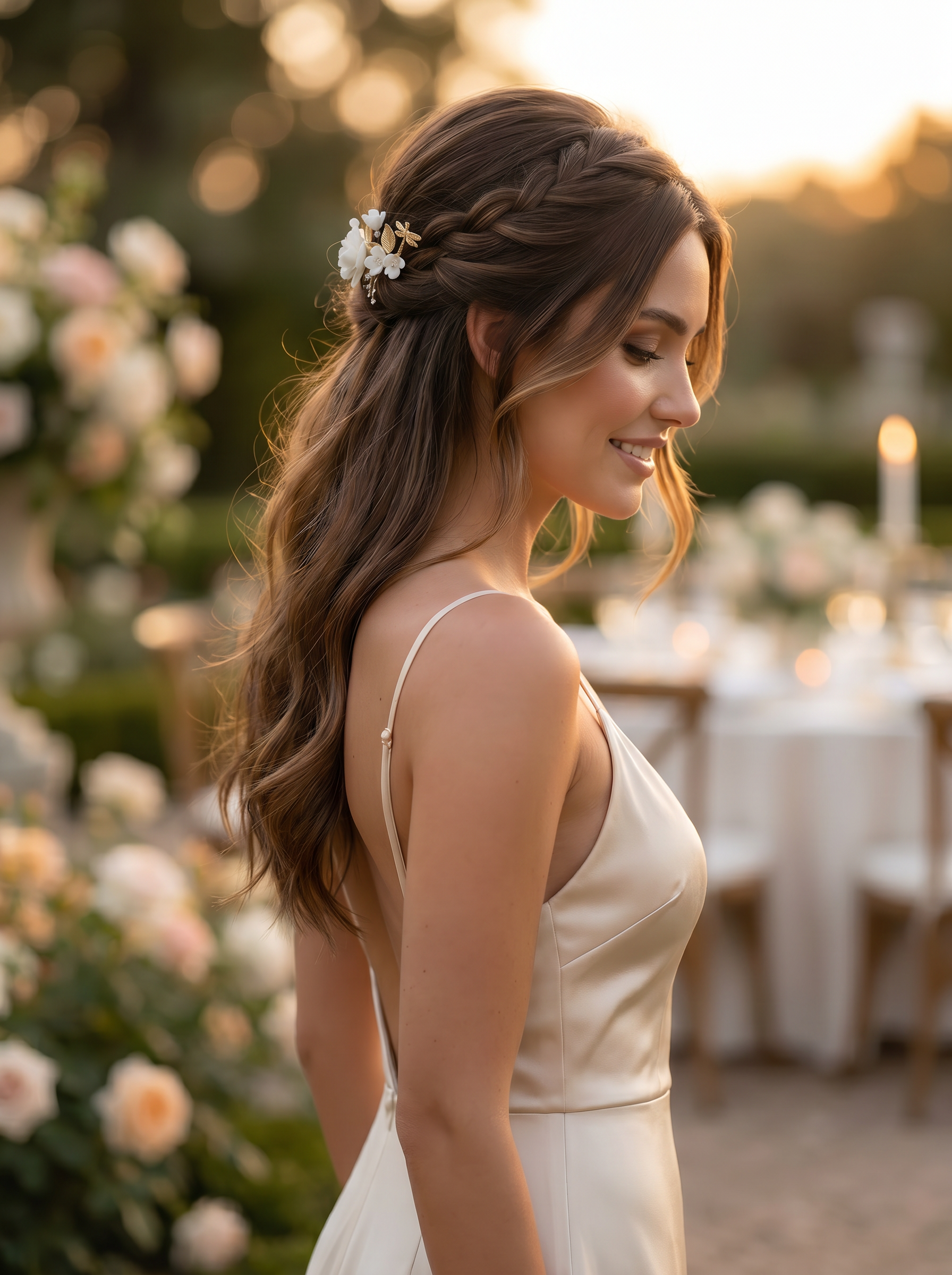 White and gold ceramic floral hair comb styled as a wedding hair accessory