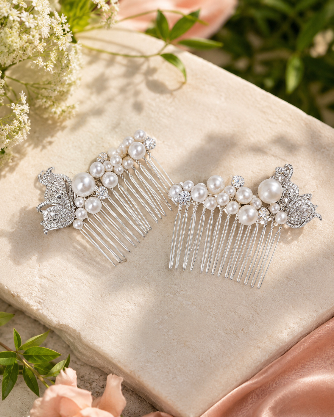 Bridal hair comb set with graduated shell pearls and crystal leaf detail