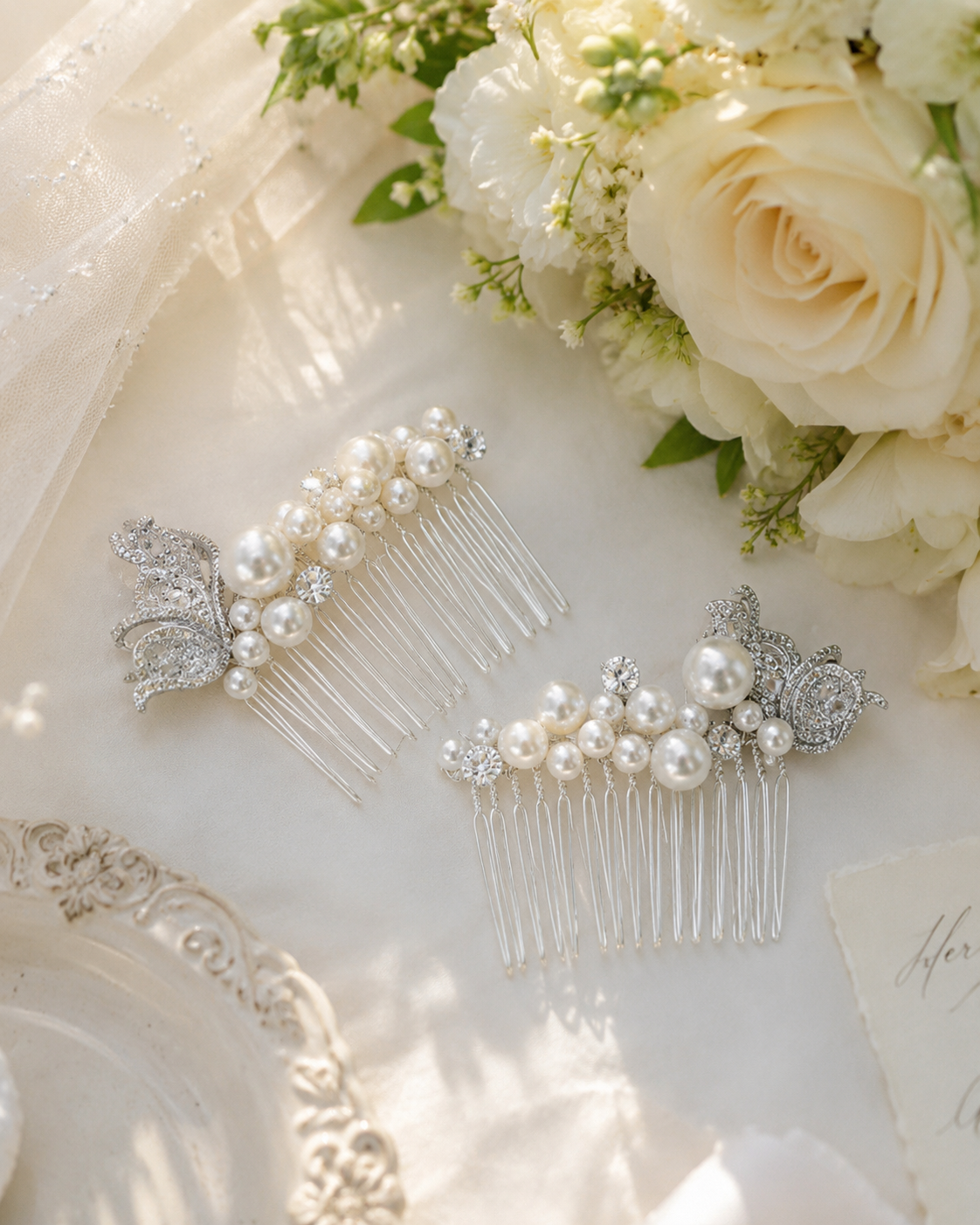 Silver tone hair combs with fine teeth and ivory pearl tops