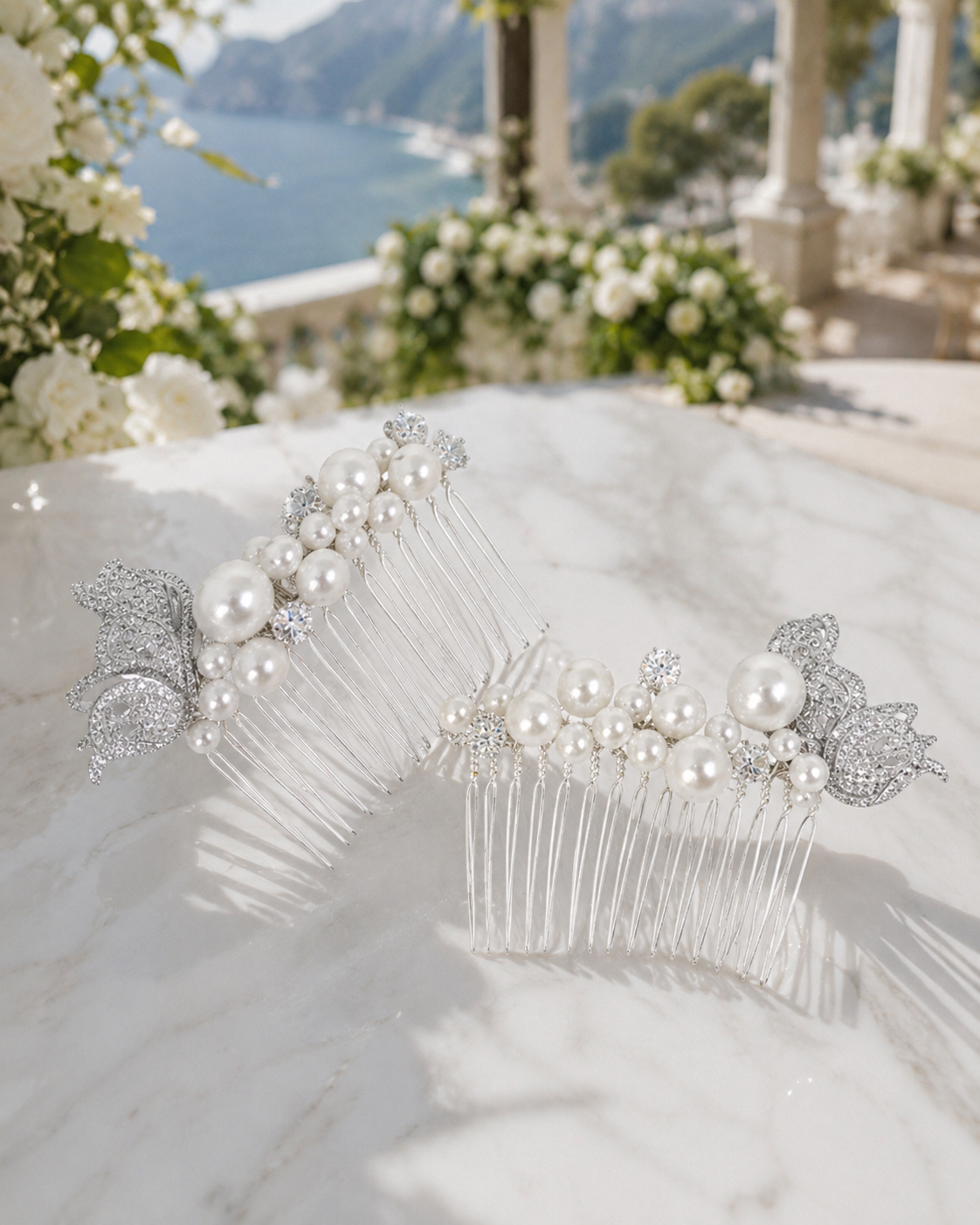 Pearl bridal comb set photographed with white flowers
