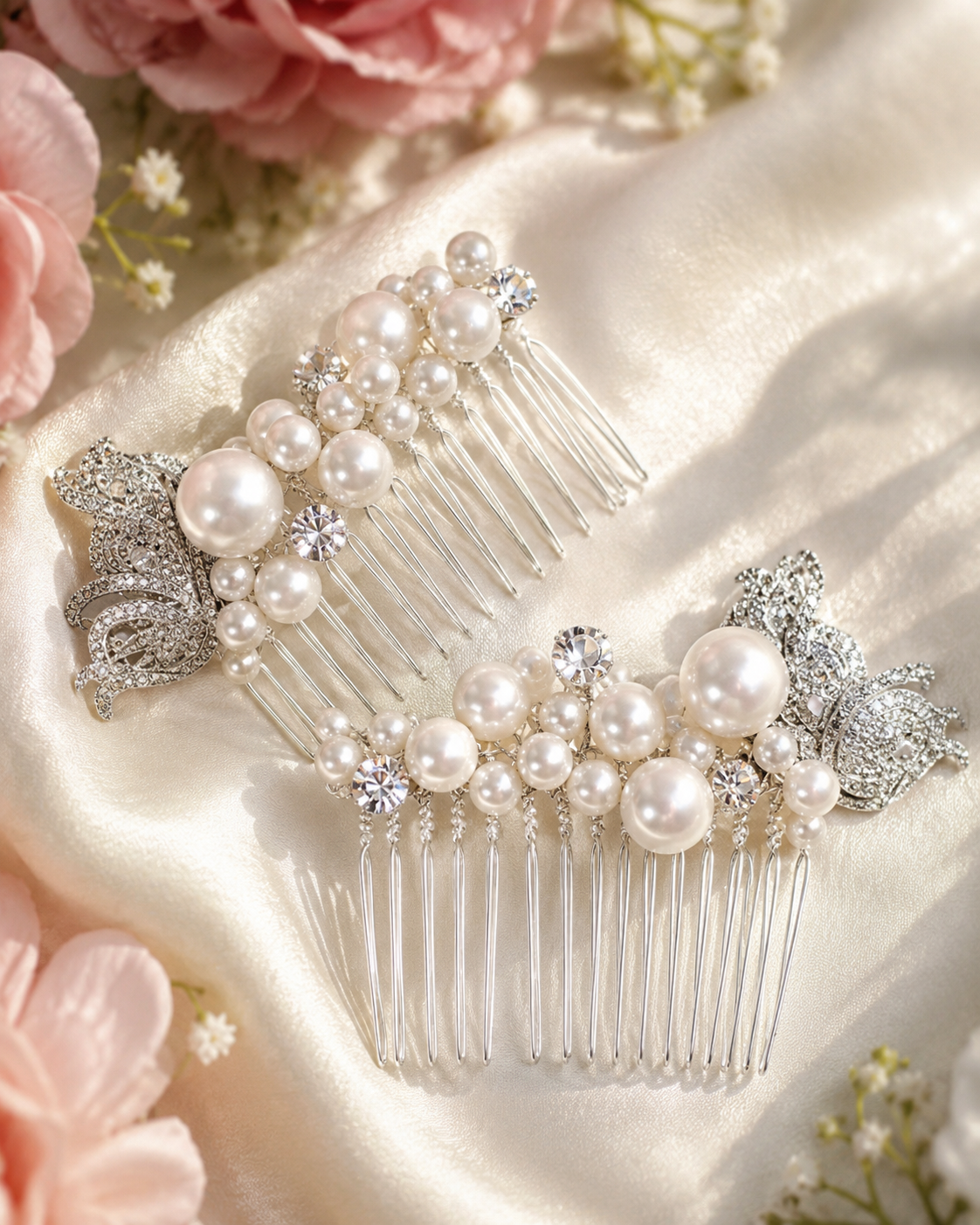 Pair of silver tone bridal hair combs with ivory pearl clusters and crystal detailing