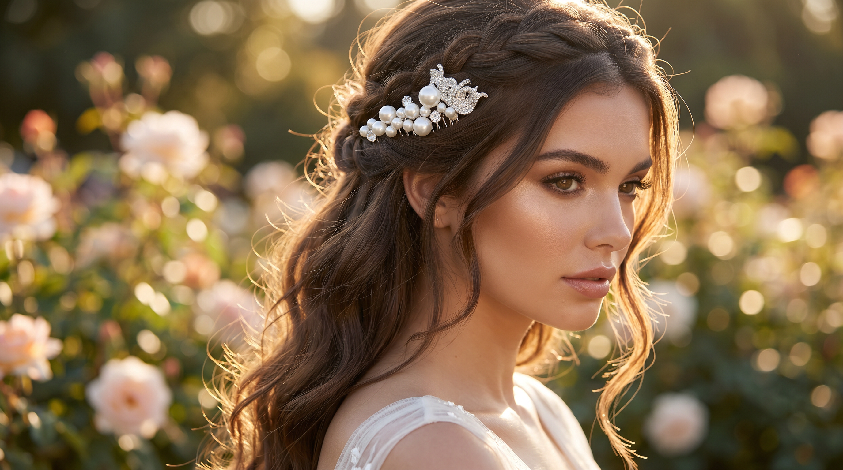 Set of two silver tone pearl hair combs for bridal styling