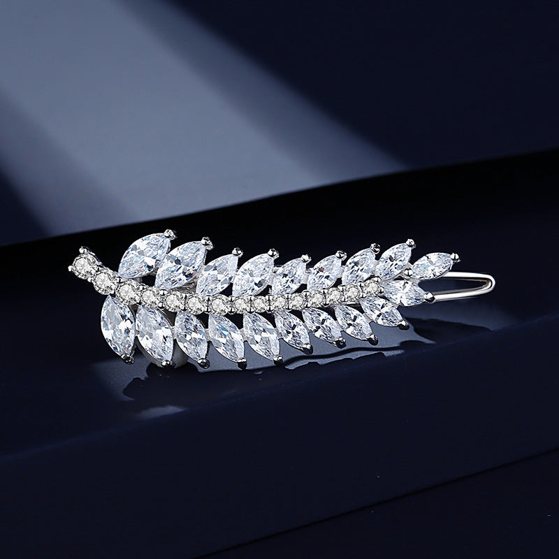 Sterling silver leaf hair pin set with marquise cut clear stones